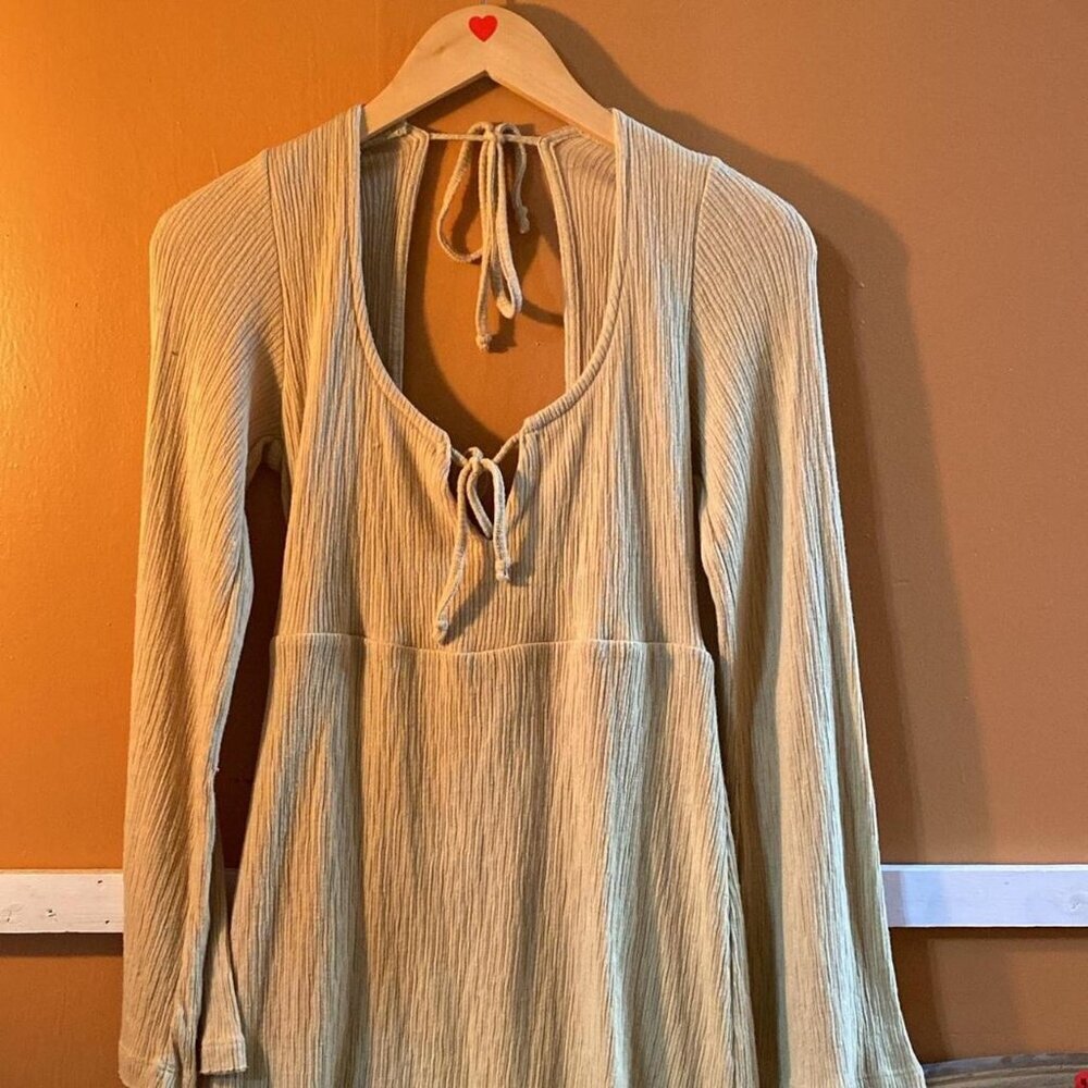 Tan Green Cream Long Sleeve Dress